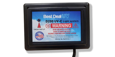 Close-up of Best Deal UV D200 UV-C Light System panel with warning for In Duct UV Light Germicidal Air Purifier For Whole House HVAC System Ozone Free 2537 Nanometers UVC Bulbs Dope Easy Install 4 Bulbs Included Plus 2 Replacement Bulbs For AC 1 To 5 Ton Ducts.