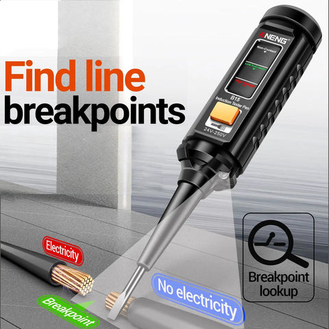 Pro Grade All In One Electrical Testing Kit With Digital Multimeter Non Contact Voltage Tester And Outlet Tester For Home DIY Use Auto Ranging AC DC Voltage Current Continuity Resistance And Frequency Breakpoint Finder illustrating a non-contact voltage tester finding a line breakpoint.