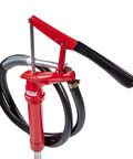 Lincoln 1335 Lever Action Fluid Transfer Pump For 16 To 55 Gallon Drums With 8.5 Fluid Ounces Per Stroke showing red pump body and hose
