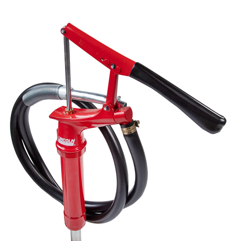 Lincoln 1335 Lever Action Fluid Transfer Pump For 16 To 55 Gallon Drums With 8.5 Fluid Ounces Per Stroke showing red pump body and hose