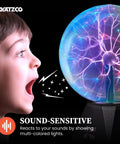 Child interacting with an Eight Inch Interactive Plasma Ball Nebula Glow Globe With Touch And Sound Reactive Modes Plug In With A Six Foot Cord Totally Lit For Parties And Home Decor, STEM Projects, Classroom Demos And Science Fun, demonstrating sound-sensitive mode with colorful lightning.