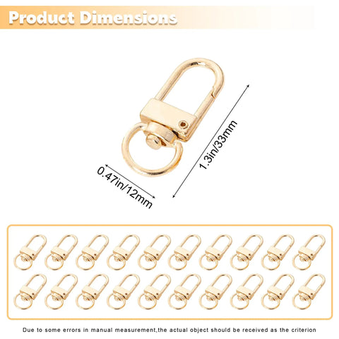 Top Tier Gold Metal Lobster Claw Clasps Featuring Smooth 360 Swivel Action With 20 Pack Ready To Rock Keychain Hardware Including Matched Split Rings For Bags And Craft Projects, dimensions shown.