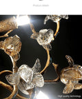 Close-up of All Copper Postmodern Wall Lamp Featuring Sparkling Crystal Kapok Accent For Bedroom Or Hallway showcasing glass flowers.