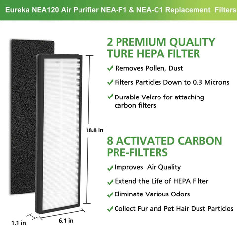 Dimensions of HEPA Replacement Filter For Eureka NEA120 And Toshiba CAF W36USW Smart WiFi Air Purifier with features listed.