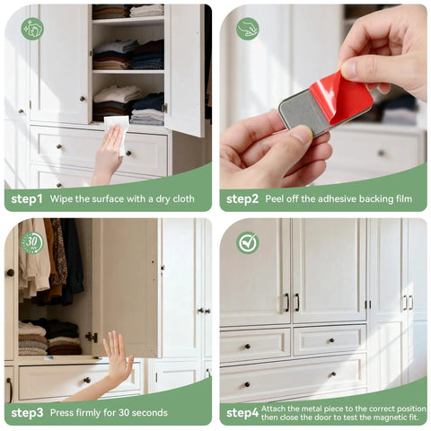 Step-by-step installation of Heavy Duty Magnetic Cabinet Door Catch for Cabinets and Drawers, durable stainless steel with easy adhesive.