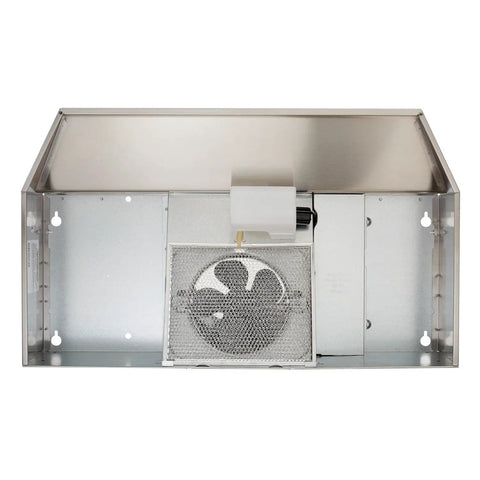 Under-Cabinet 30-Inch Range Hood With Two-Speed Exhaust Fan And Light In Stainless Steel For Kitchen Ventilation Delivers Up To 230 CFM And 6.0 Sones With Easy Install And Quiet Modern Look, bottom view showing exhaust fan and filter.