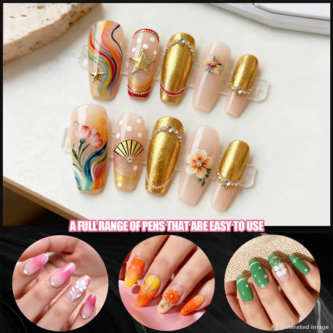 Complete Nail Art Kit With Stands And Tools Featuring 15 Black Nail Brushes 5 Dotting Tools, showcasing various nail designs and patterns.