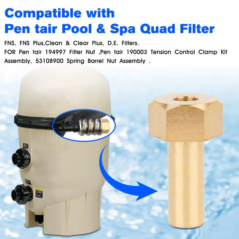 DE Filter Tank Clamp Nut No Fuss Replacement For Pool Filter Parts FNS Quad System shown with brass nut and filter