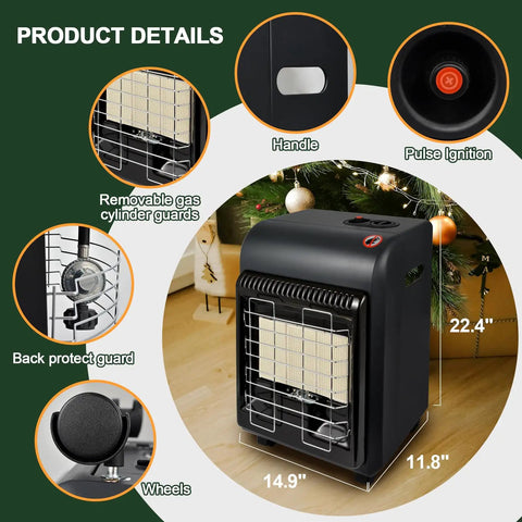 Indoor Outdoor Propane Heater 6000 To 18000 BTU With 3 Modes ODS And Tip Over Protection in use near holiday decor