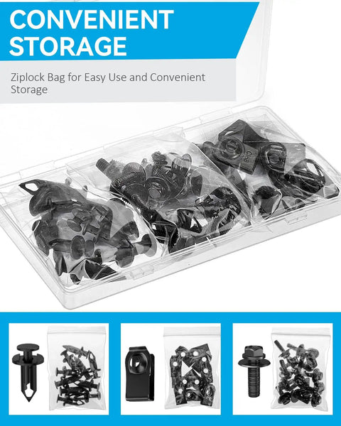 All In One 35 Piece Car Bumper Clip Kit With Body Bolts U Nuts And Fender Clips in ziplock bag for easy storage and use.