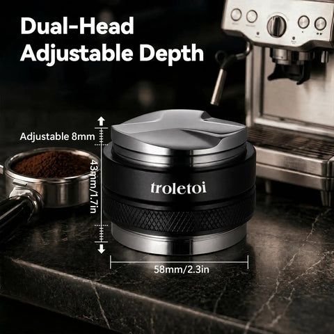 Level Up Your Home Cafe Setup With This Premium 58Mm Espresso Tamper And Coffee Distributor Bundle Including A Sharp WDT Tool For Even Distribution And Nailed Every Single Pull, showing dual-head adjustable depth design.