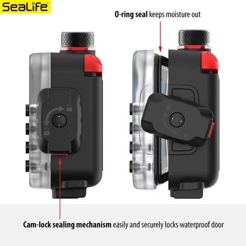SportDiver Underwater Phone Housing For Depths Up To 130 Feet, Waterproof Case With Easy Camera Access, side view of cam-lock seal