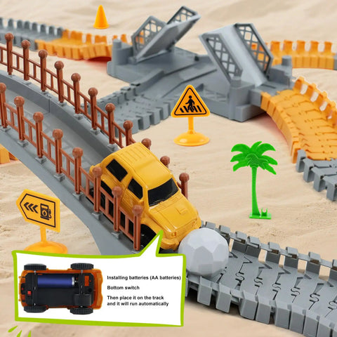 Construction Race Car Track Set For Kids With Flexible Bendable Tracks And 2 Electric Cars DIY Road Builder Playset with yellow car on track