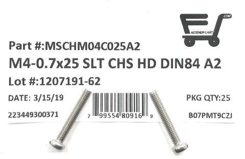 M4 X 25 Millimeter Slotted Cheese Head Machine Screws Milled From Top Shelf A2 Stainless Steel on packaging.