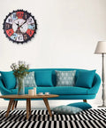 Living room with teal couch, black and white rug, colorful wall clock, suitable for Quartz Clock Movement Kit Replacement Battery Operated Silent Mechanism For DIY Wall Clocks No Brainer Install 13.5mm Shaft 5.5mm Thread Fits 1-3mm Clock Panels Repair Parts For Timely Fixes.