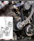 Universal 15 Piece Idler Belt Tensioner Removal Tool Kit For Tight Engine Bays in use on a car engine with diagram overlay.