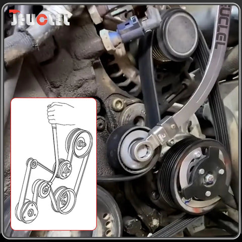 Universal 15 Piece Idler Belt Tensioner Removal Tool Kit For Tight Engine Bays in use on a car engine with diagram overlay.