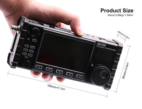 Hand holding High-Performance SDR HF Transceiver With 50 MHz Coverage Full Mode Operation Built-In Battery And Auto Antenna Tuner