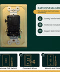 Heavy Duty Solid Brass And Steel Toggle Light Switch 1 Gang Kit With Gold Finish Wall Plate UL Listed Modern Decorative Electrical Switch Built To Last And Simple To Install shown with installation guide