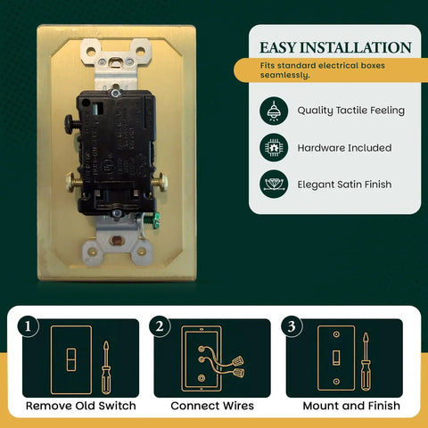 Heavy Duty Solid Brass And Steel Toggle Light Switch 1 Gang Kit With Gold Finish Wall Plate UL Listed Modern Decorative Electrical Switch Built To Last And Simple To Install shown with installation guide
