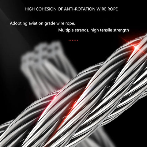 Close-up of high cohesion anti-rotation wire rope, aviation grade, multiple strands, for Beefed Up Heavy Duty Self Retracting Lifeline.