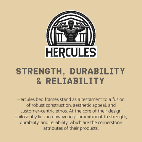Hercules logo highlighting strength, durability & reliability for Queen Size 4 Inch Low Profile Bed Foundation Built Tough With Heavy Duty Wooden Slats For Zero Sag Mattress Support Box Spring Replacement Platform Base That Frees Up Floor Space And Delivers Rock Solid Sleep Setup Nightly.