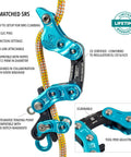 Rope Runner Vertec Ultimate Climbing And Work Positioning Device with tool-free adjustability, midline attachable on rope, blue metal.