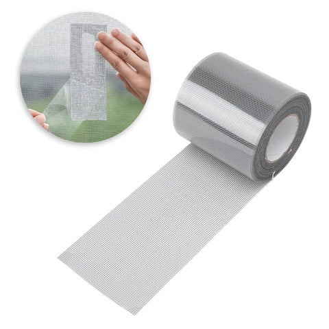 Window Screen Repair Patch Self Adhesive Mesh Tape Roll 80mm Wide By 6.1m Long Breathable Quick Fix For Home Camping Tent Door Bed Net No Fuss DIY Patch Gray shown in close-up and application view.