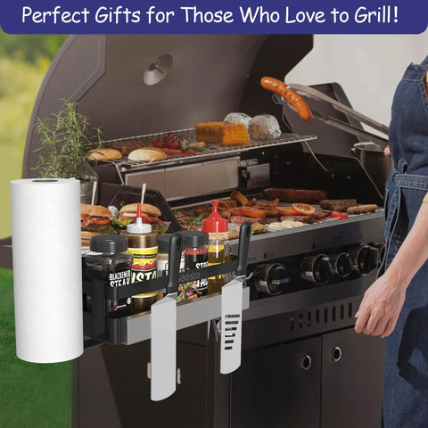 Upgraded Griddle Caddy For Blackstone 28 And 36 Inch Griddles And Weber Grills with condiments and utensils attached