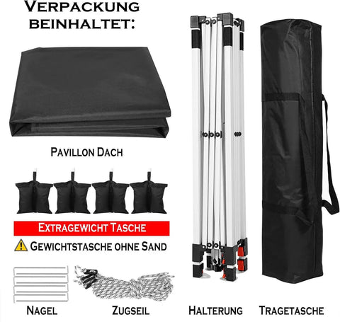 Components of 10x10 Pop Up Canopy Tent With No Fuss Setup And Instant Shade Waterproof Outdoor Shelter Includes 4 Sandbags 8 Stakes Ropes And Carry Bag For Parties Beach Backyard And Camping Black shown