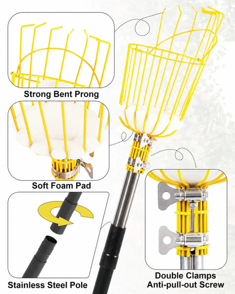 Adjustable 9 Foot Fruit Picker With Basket And Cushioned Landing Pad Long Handle Mango Grabber For Harvesting Apple Pear Orange Lemon Mango Avocado Peach Citrus Grapefruit Easy One Hand Use And Large Capacity, stainless steel pole