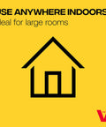 Black house icon on yellow background with text 'Use Anywhere Indoors Ideal for Large Rooms', PestChaser Pro Heavy Duty Ultrasonic Rodent Repeller For Indoor Use Keeps Mice And Rats Out Of Basements Attics Garages And Warehouses In Large Spaces Plug In Great For Basements Workshops Garages And Storage Areas In Homes And Small Businesses.