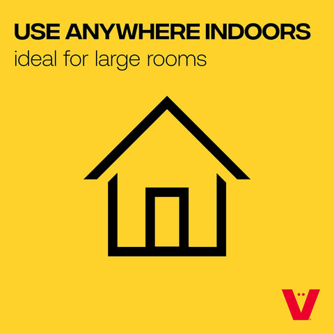 Black house icon on yellow background with text 'Use Anywhere Indoors Ideal for Large Rooms', PestChaser Pro Heavy Duty Ultrasonic Rodent Repeller For Indoor Use Keeps Mice And Rats Out Of Basements Attics Garages And Warehouses In Large Spaces Plug In Great For Basements Workshops Garages And Storage Areas In Homes And Small Businesses.