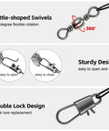Premium Heavy Duty Steel Fishing Wire Leaders With Swivels 50 Piece Pre Rigged Anti Bite Tippet Kit showcasing bottle-shaped swivels and double lock design.