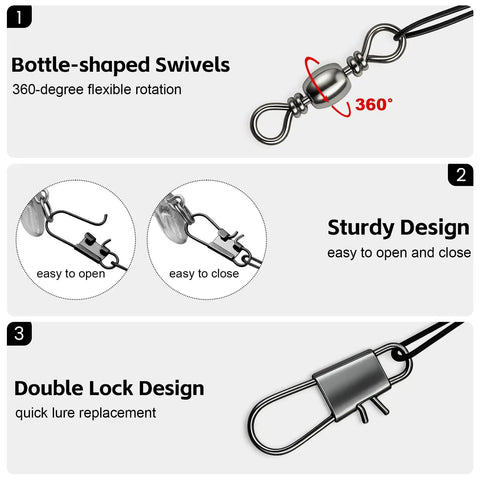 Premium Heavy Duty Steel Fishing Wire Leaders With Swivels 50 Piece Pre Rigged Anti Bite Tippet Kit showcasing bottle-shaped swivels and double lock design.