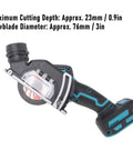 Rugged Mini Cordless Circular Saw Engineered For Badass Cuts On Wood Metal Plastic Or Stone With 19000 Rpm Power And 3 Inch Blades Built For Garage Jobs Or Weekend Diy Hustle Now close-up showing 3 inch blade and specs.