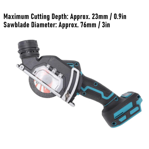 Badass Cordless Mini Circular Saw With Brushless Motor And Slick Rubberized Body For No Sweat Wood Metal Plastic Stone Cutting At 19000 Rpm Up To, showcasing cutting depth and sawblade diameter.