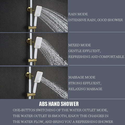 Kick Start Your Daily Ritual With This Clean White Shower Set Featuring A Smooth Waterfall Tub Spout Plus A Spacious 260 By 170 Mm Rainhead Coupled With A Practical Handheld Combo Built For Quick Wall Mounting To Elevate Any Bathroom Flex, showcasing rain, mixed, and massage spray modes.