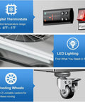 Digital thermostats and LED lighting of Heavy Duty Two Door Upright Commercial Freezer In Stainless Steel featuring eight adjustable shelves.
