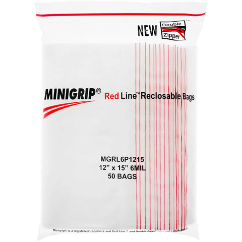 Red Line 12 By 15 Inch 6 Mil Zipper Reclosable Bags Clear Poly Food Storage Case Of 200 For Easy Organization And Quick Access, Durable Reusable Bags That Seal Tight And Keep Contents Fresh And Grab And Go Ready. front view, 50-bag pack