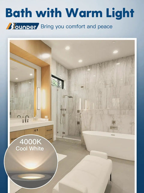 Bathroom with 12 Pack 5/6 Inch LED Recessed Downlights With Baffle Trim, Dimmable, 12.5W, 4000K Cool White, No Flicker
