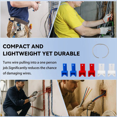 Electricians using Pull Buddy Wire Pulling Kit For Electricians Rack A Tiers Six Piece Pro Grade Set with guides and ring holder
