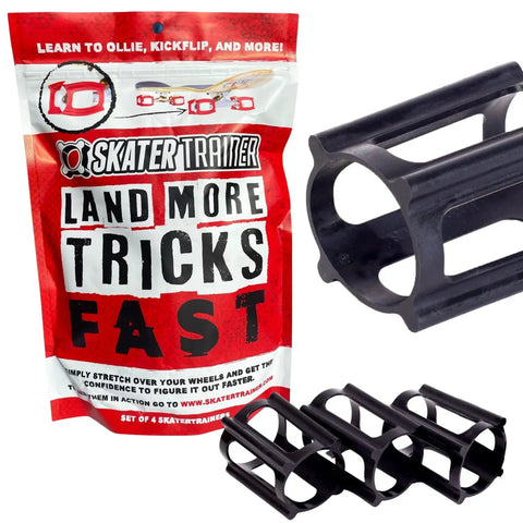 Skater Trainer packaging with skateboard trick training wheels to nail ollies and kickflips faster, a no fall practice tool.