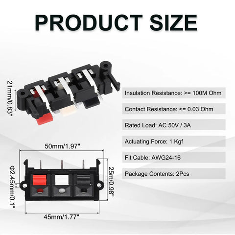 Three Way Spring Terminal Clip Push Release Connector Plate For Speaker Terminals, 50mm By 25mm By 21mm, Red White Black Color Coding
