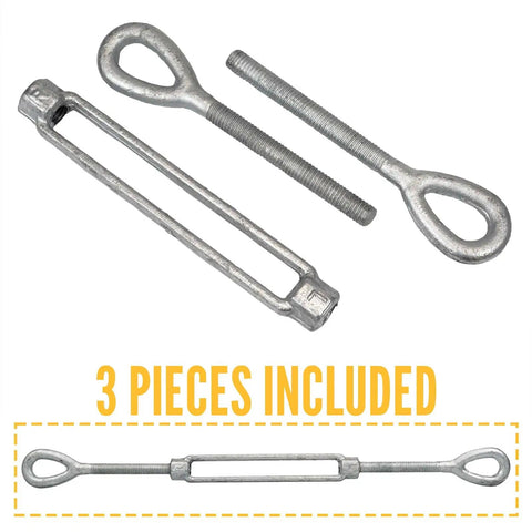 Rock Solid 2 Inch X 24 Inch Eye To Eye Galvanized Turnbuckle Rated 37000 Pounds with 3 pieces for rigging and tension work.