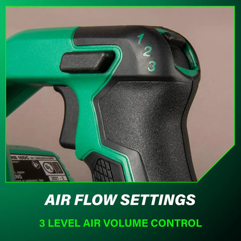 Close-up of 18V MultiVolt Cordless Blower With 124 CFM Air Volume And 213 MPH Velocity showing air flow settings and grip