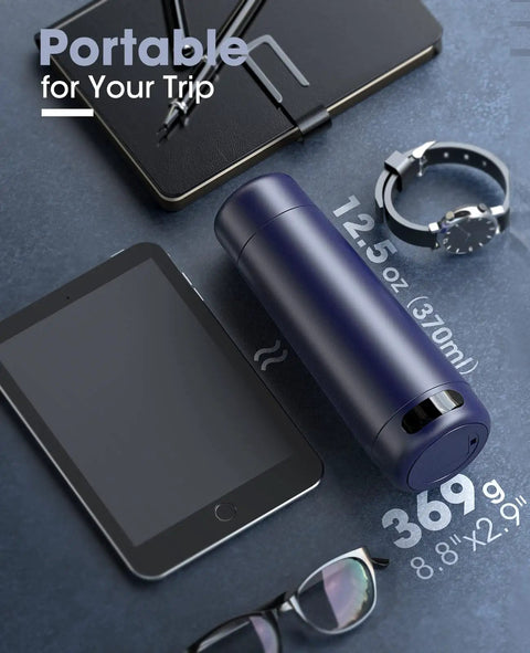 On The Go Dual Voltage Travel Kettle 110 To 240V Portable 370ml Stainless Steel Electric Kettle With 6 Temperature Settings And LCD Display For Tea And Coffee Global Use shown beside travel accessories.