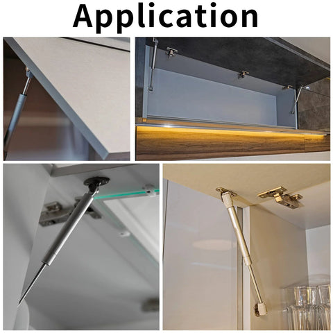 Collage showing 100N soft close cabinet gas struts installed on various doors and storage solutions, illustrating their application and benefits.
