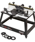 Heavy Duty Portable Benchtop Router Table Featuring A Rock Solid Steel Frame 24 By 16 Inch Laminated Work Surface and Stable Profiling for Woodworkers Who Want No Nonsense Results On The Jobsite with adjustable fence and attachments.