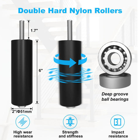 2 Pack Heavy Duty Sliding Gate Rollers With Adjustable 6 Inch Double Hard Nylon Rollers, showing roller dimensions and features